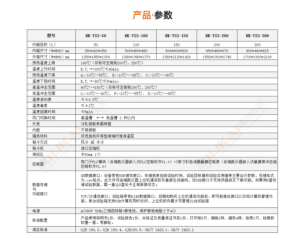 三槽式冷熱沖擊試驗箱產品參數